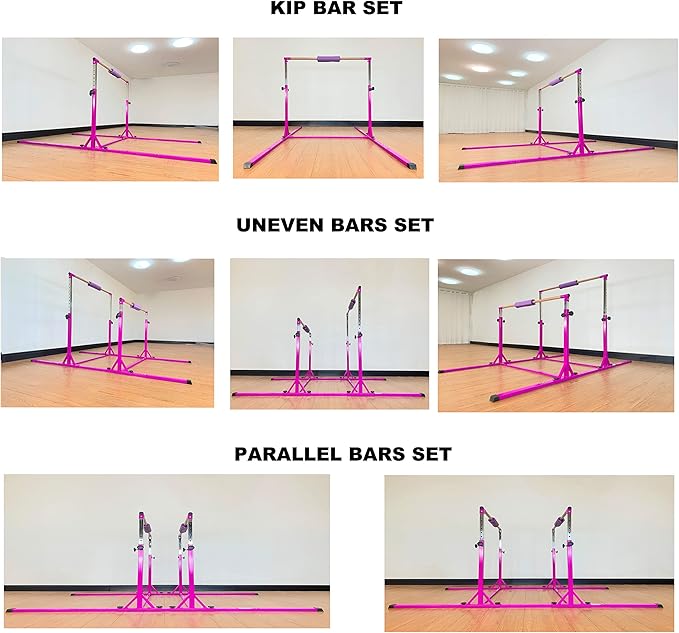 Gymnastics Double Horizontal Bars 3Play Parallel Bars Uneven Bars Gymnastics Training Kip Bar with 304 Stainless Steel Regulating Arms & Fiberglass Rail for Indoor Outdoor Home Club Use-StrideForce Fitness