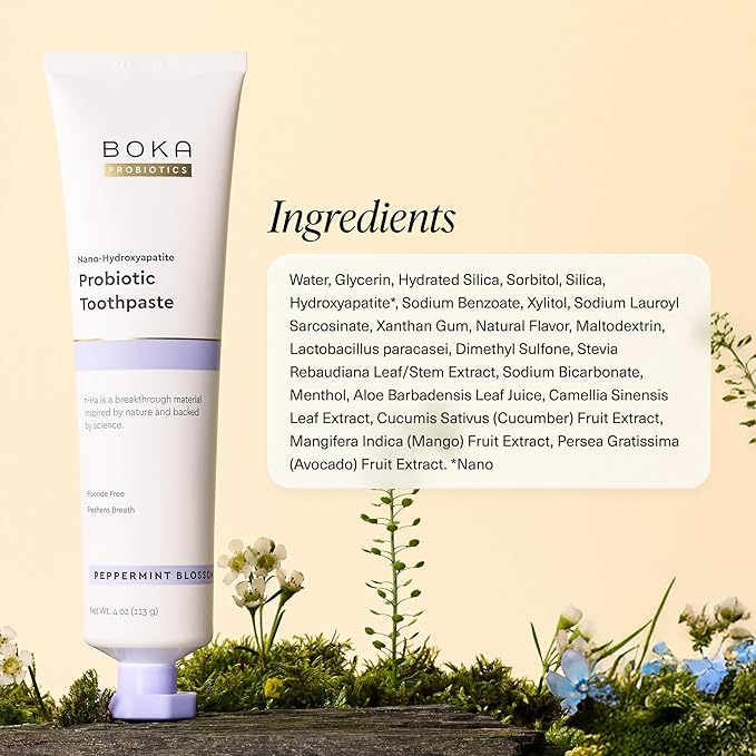Boka Fluoride Free Toothpaste, Nano Hydroxyapatite Toothpaste, Appropriate for Sensitive Teeth - for Adult, Kids Oral Care - Probiotics - Peppermint Blossom, 4 Fl Oz 1Pk US Manufactured