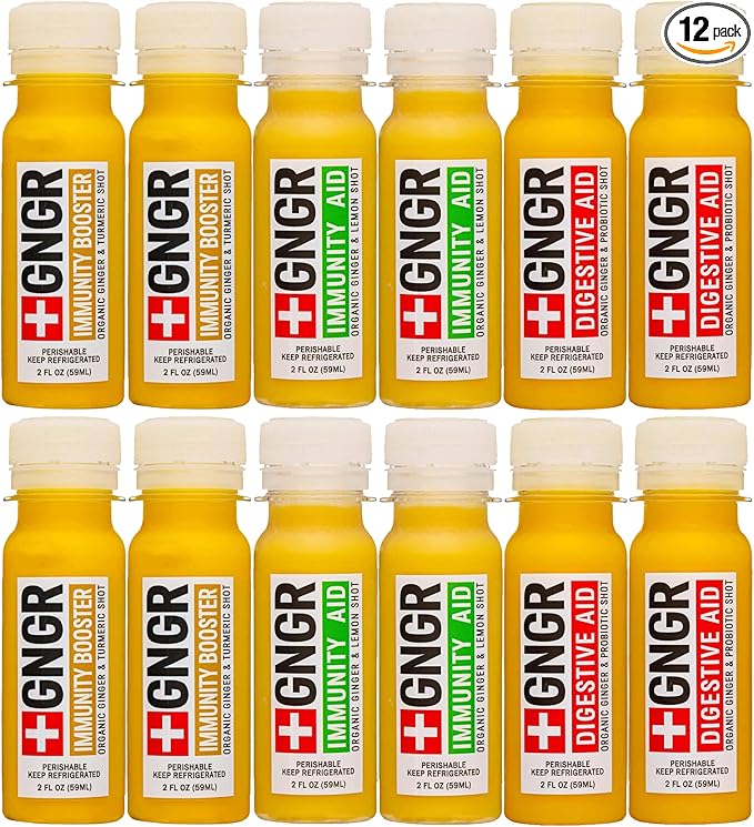 '+GNGR Immunity Sampler Organic Ginger Wellness Shots - Premium Ginger Shots for All Natural Digestive Support and Immune Support - Cold Pressed Ginger Juice - Nothing Artificial (2 Oz, Pack of 12)-StrideForce Fitness