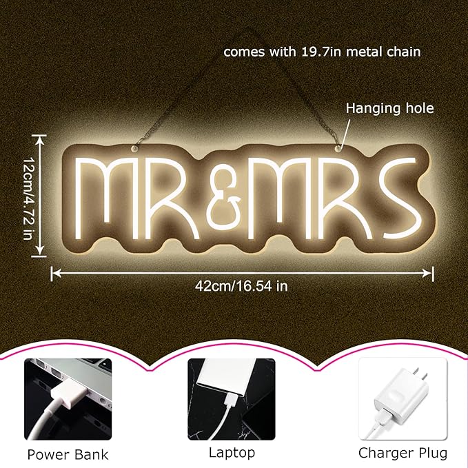 Mr&Mrs Neon Sign for Wedding Neon Light LED Backdrop Wall Decor USB Power Switch with Dimmable Mr and Mrs Sign Wedding Reception Decoration Gift for Anniversary Engagement Banquet (Warm White)-StrideForce Fitness