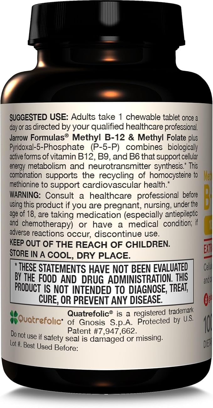 Jarrow Formulas Ultra Strength Methyl B-12 5000 mcg & Methyl Folate 800 mcg + P-5-P, Supplement for Cellular Energy Metabolism and Cardiovascular Support, 60 Chewable Tablets, 60 Day Supply, 12 Packs-StrideForce Fitness