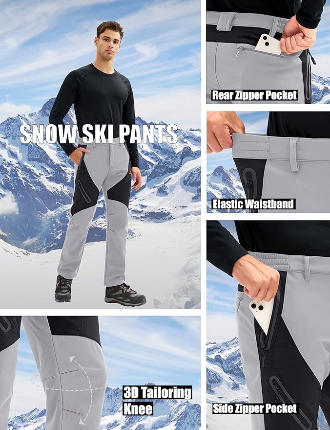 MAGCOMSEN Men's Snow Ski Pants Fleece Lined Water Resistant Winter Pants with 4 Zip Pockets for Snowboard Hiking Outdoor