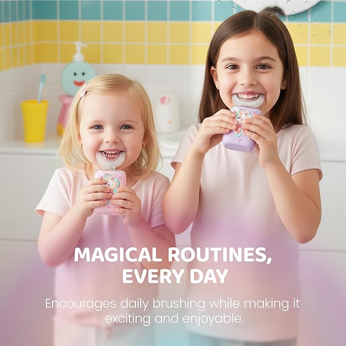 Well Before Kids U Shaped Electric Toothbrush with 5 Brush Heads, Ultrasonic, 5 Modes, IPX7 Waterproof Design (Unicorn, Pink Ages 2-7)