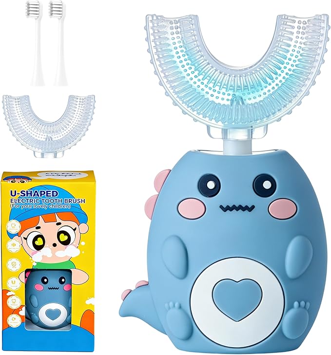 Kids Electric U Shaped Toothbrush, Sonic Automatic Toothbrush Kids with 4 Brush Heads, 3 Cleaning Modes, Cartoon Dinosaur IPX7 Waterproof 360º Round Toddler Electric Toothbrush(Blue, Ages 2-12)