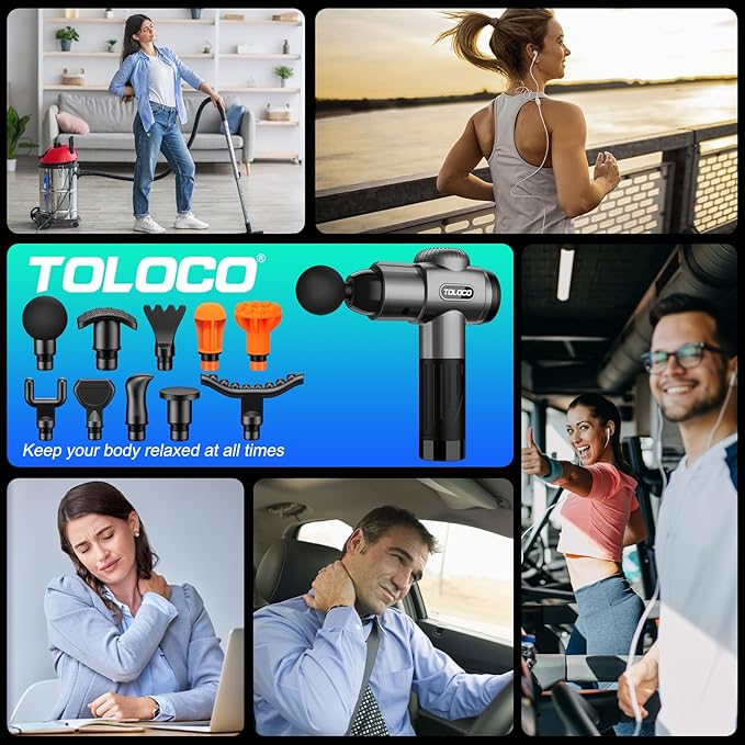 TOLOCO Massage Gun, Deep Tissue Back Massager for Athletes with 10 Massage Heads, Electric Muscle Percussion Massager for Any Pain Relief, FSA and HSA Eligible, Gifts for Fathers Day, Grey-StrideForce Fitness