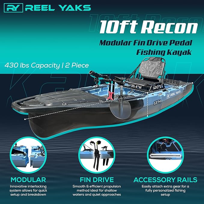 Recon Modular Fishing Kayak - 10ft Lightweight, Sit On Top Kayak for Adults & Youth - Stable & Portable, Ideal Space-Saving Design - 400 lbs Capacity