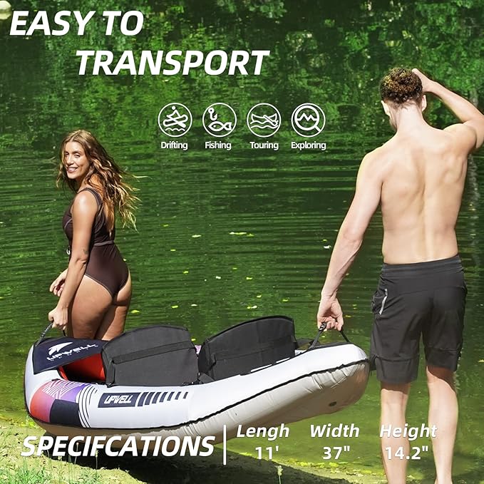 UPWELL 13'6”/11' Inflatable Recreational Kayak - 2 Person with Drop Stitch Floor and Accessories Including Kayak Seats with High Back Support, Paddle, Fin, Repair Kits, Carry Bag and Hand Pump-StrideForce Fitness
