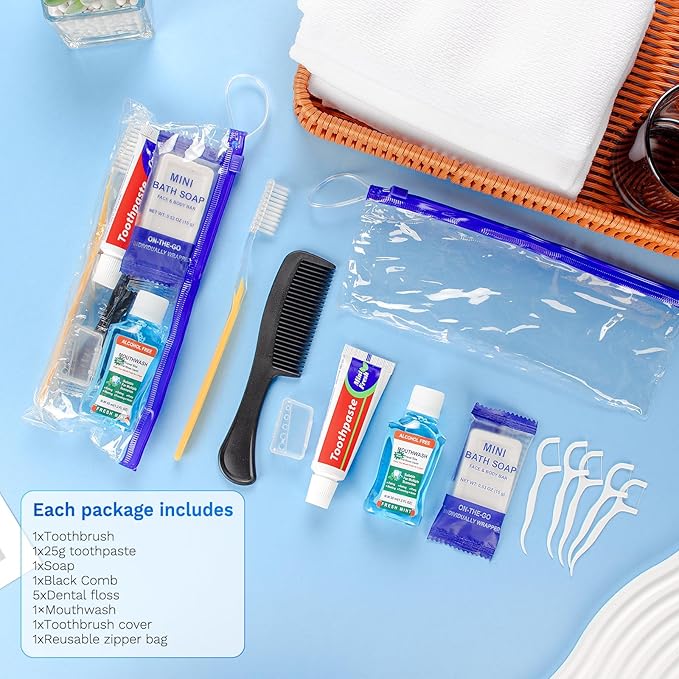 Xuezoioy Personal Hygiene Kit Bulk Pack of 50,Yellow Basic Travel Toiletry Set Disposable Toothbrushes with Toothpaste Mouthwash Floss Comb Cover and Zip Bag for Homeless,Charity,Guests