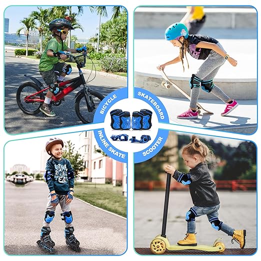 2PM SPORTS Knee Pads for Kids, Wrist Guards Knee and Elbow Pads Set with Drawstring Bag, Protective Gear Set for Girls Boys Roller Skating Cycling Skateboard - Blue Small-StrideForce Fitness