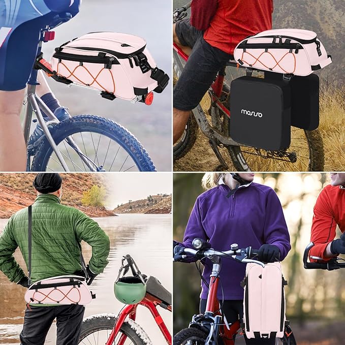 MOSISO Bike Rack Bag with 2 Removable Panniers, Waterproof Bike Trunk Cooler Storage Handbag Insulated Bicycle Rear Seat Pouch, Bicycle Storage Saddle Shoulder Bag Cycling Luggage Pouch, Pink-StrideForce Fitness