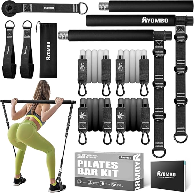 Pilates Bar Kit With Resistance Bands, Workout Equipment for Legs, Hip, Waist, Arm, Squats Exercise Equipment for Home Workouts, Adjustable 3-Section Bar Kit for Women & Men