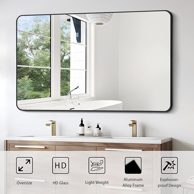 FORBATH Large Bathroom Mirror 36 x 55 Inches,Black Large Wall Mirror Aluminum Frame Wall Mounted Rounded Corner Morndern Mirror for Bathroom Bedroom Entryway Living Room-StrideForce Fitness