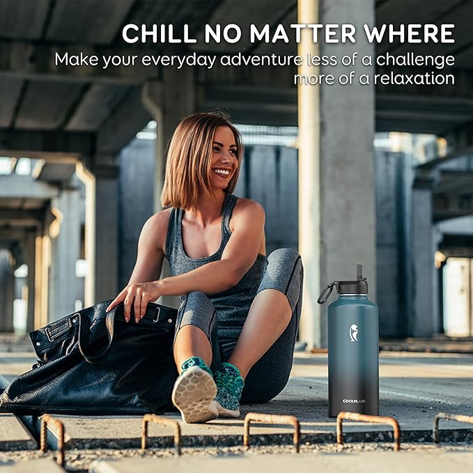 Coolflask Water Bottle 87 oz with Straw, 2/3 Gallon Insulated Stainless Steel Large 3 Lids Big Water Jug for Sports or Office, Non-BPA Keep Cold Up to 48 Hrs or Hot Up to 24 Hrs, Samurai Cyan-StrideForce Fitness