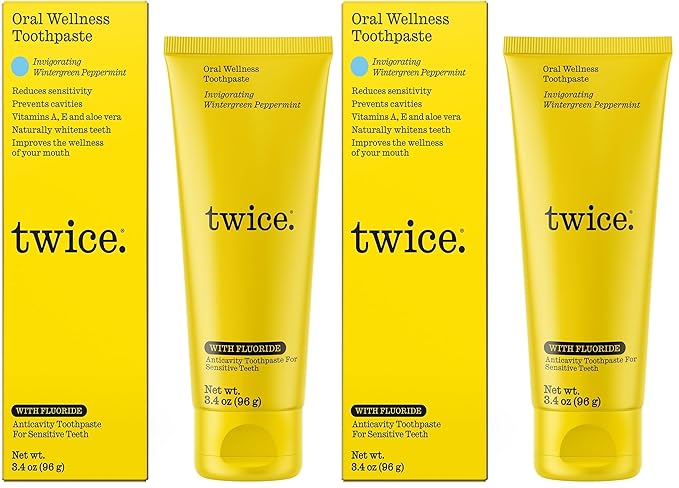 Twice Twice Oral Wellness Toothpaste with Fluoride – Natural Anticavity Toothpaste for Sensitivity Relief, Whitening & Fresh Breath, Wintergreen Peppermint, 3.4oz (Pack of 2)