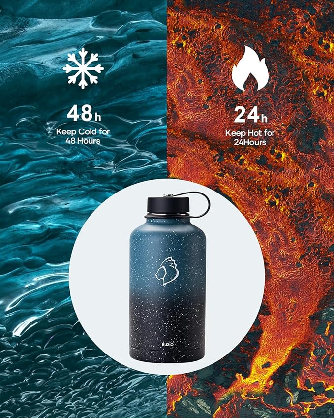BUZIO 64oz Insulated Water Bottle with Straw Lid, Half Gallon Double Wall Food-Grade Stainless Steel Water Bottle with Carrying Pouch, Wide Mouth BPA-Free Sweat-Proof Sports Water Flask, Keep Hot Cold