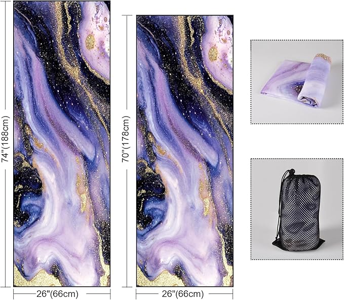 QIYI Large Yoga Mat Towel with Corner Pockets, Non Slip Sweat Absorbent Hot Yoga Towels, Soft Yoga Blankets with Travel Bag, Skidless Mat Cover for Workout, Gym, Fitness - 74"x26", Purple & Pink Grain-StrideForce Fitness