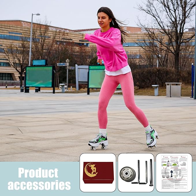 Roller Skate Shoes for Women Four Rounds Children's Roller Skates Shoes That Turn into Rollerskates Sneakers Outdoor Light Shoes with Wheels for Girls/Boys-StrideForce Fitness