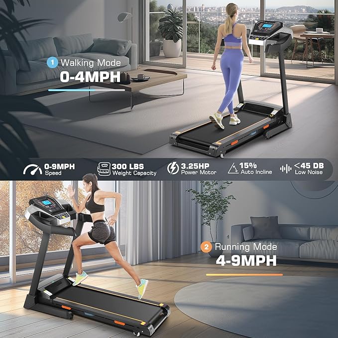 Treadmill with 15% Auto Incline, FUNMILY 3.25HP Heavy Duty Treadmill for Home, 300 lb Weight Capacity Folding Running Machine, Smart App Control/Shock Absorption/Bluetooth Speaker/Large LED Display-StrideForce Fitness