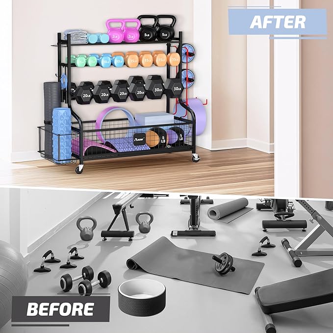 PLKOW Dumbbell Rack, Weight Rack for Dumbbells, Home Gym Storage for Dumbbells Kettlebells Yoga Mat and Balls, All in One Workout Storage with Wheels and Hooks, Powder Coated Finish Steel-StrideForce Fitness