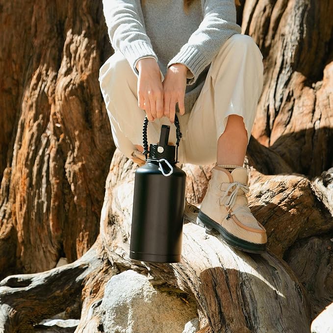 Insulated Water Bottle 64oz,Triple Wall Vacuum Stainless Steel(Dishwasher Safe),Leak Proof & Non-BPA,Flask Jug with Paracord Handle & Straw Spout Lids Sports-StrideForce Fitness