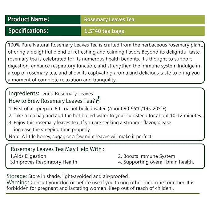 Samcci - Rosemary Tea, 40 Teabags, 1.5g/bag - Pure Dried Rosemary Leaves Tea Bags- Cultivated From Egypt - Non-GMO - Caffeine-free - Support Respiratory Health & Support Hair Growth-StrideForce Fitness