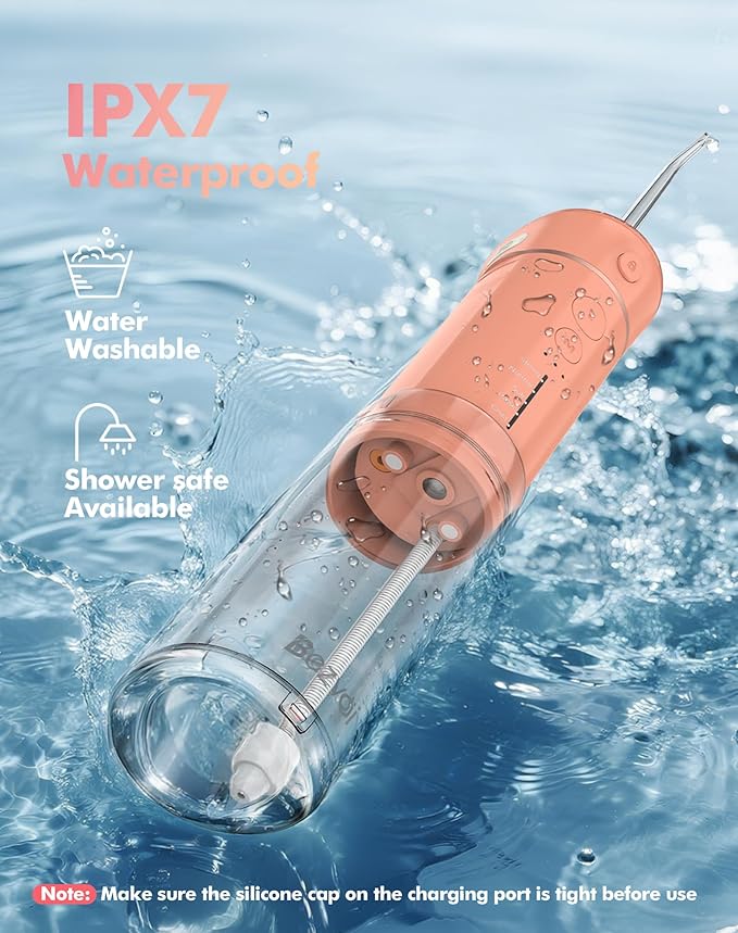 Water Flosser Mini Cordless Portable: 5 Modes Water Dental Floss with Telescopic Water Tank, 6 Tips, IPX7 Waterproof Oral Irrigator for Teeth Cleaning Gums,Orthodontic,Braces Dental Care (Peach Fuzz)