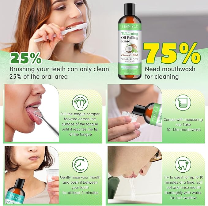 Pulling Oil for Teeth with Natural Coconut&Peppermint Essential Oils and Vitamin D, E, Alcohol Free Mouthwash,Helps with Fresh Breath, Teeth Whitening, Gum Health- with Tongue Scraper, (8 Fl. Oz) (1)