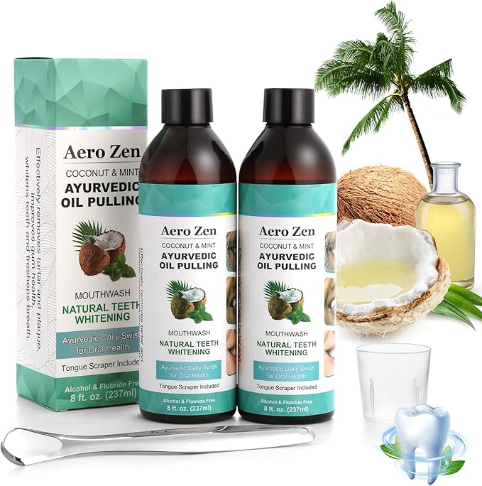 2-Pack Coconut Oil Pulling Mouthwash with Peppermint - Alcohol-Free Oral Care - Fresh Breath Solution - Organic Essential Oils Formula with Tongue Scraper - Gum Health Treatment - 237ML