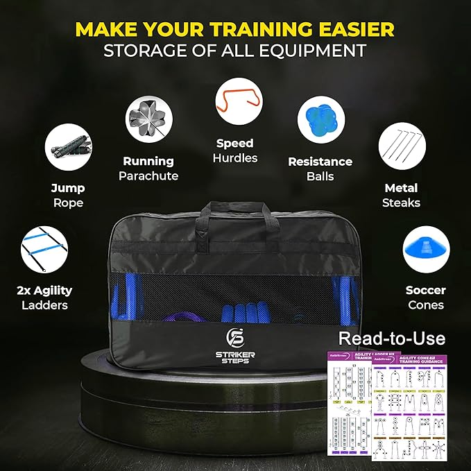 Agility Ladder Speed Training Equipment Set-2x 20ft Agility Ladder,12 Soccer Cones,4 Adjustable Hurdles, Jump Rope, Running Parachute| Basketball Football Soccer Training Equipment for Kids Adults-StrideForce Fitness