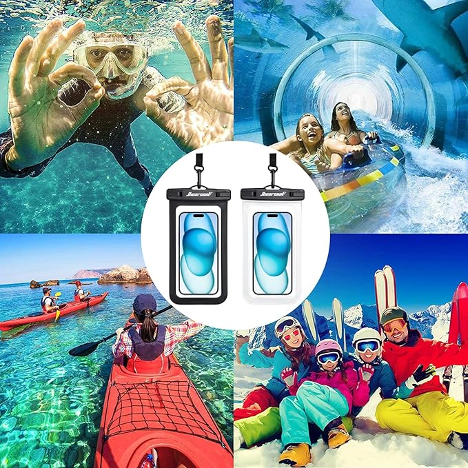 Hiearcool Universal Waterproof Phone Pouch,Underwater Dry Bag for iPhone 17 16 15 14 13 Pro Max XS Plus up to 8.3",IPX8 Cell Phone Case for Cruise Travel Essentials-Black&Clear-2Pack-StrideForce Fitness