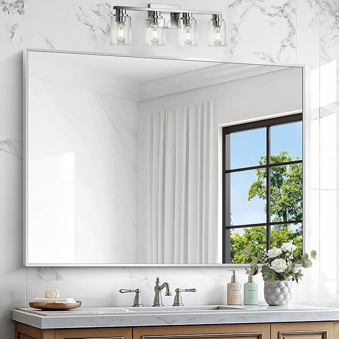 Silver Bathroom Mirror,36x48 inch Wall Mirror for Bathroom Wall Mounted,Large Rectangle Mirror for Bathroom Over Sink,Modern Metal Frame for Living Room,Bedroom Entryway,Horizontal/Vertical-StrideForce Fitness