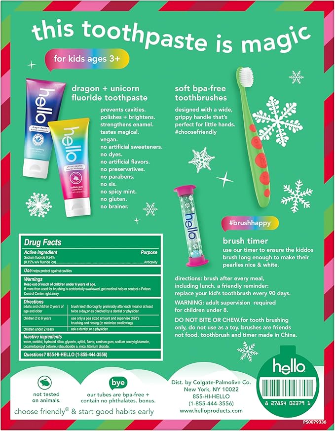 Hello Kids Toothbrush and Kids Toothpaste with Fluoride Holiday Gift Set, for Ages 3 and Older, Includes Bubblegum and Blue Raspberry Flavored Toothpastes, an Hourglass Timer, and Fun Holiday Crafts