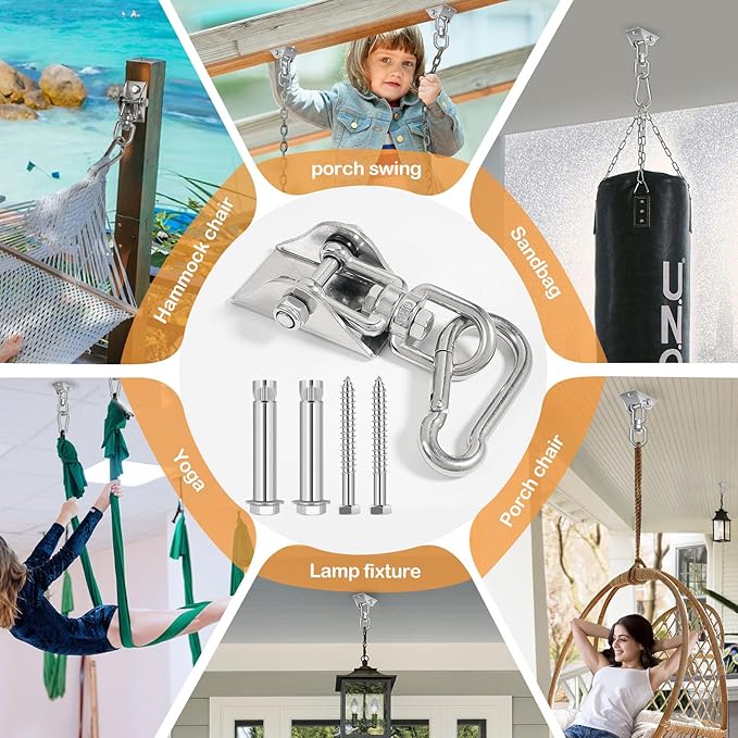 Hammock Hanging Kit 2 Pack, Porch Swing Hanging Kit 1200 Lb Capacity, Hammock Ceiling Hooks Heavy Duty 360° Stainless Steel Rotating Hanging Swing Chair for Hammock Chair Stand, Porch, Yoga, Gym-StrideForce Fitness