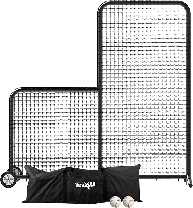Yes4All Portable L-Screen Baseball 7x7ft with 2 Baseballs, Rubber Wheels - L Screen Baseball for Batting Cage, Protective Pitching Screen Net Double Layers, Carry Bag Included-StrideForce Fitness