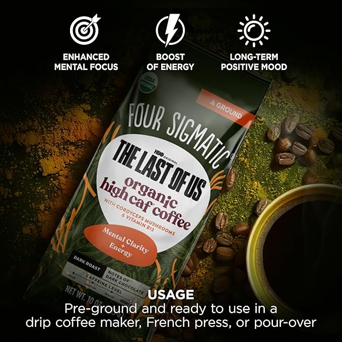 Four Sigmatic The Last of Us High Caffeine Cordyceps Coffee | Organic Dark Roast Extra Strong Ground Coffee with L-Theanine | Energy Booster Without the Jitters | 10oz Bag-StrideForce Fitness