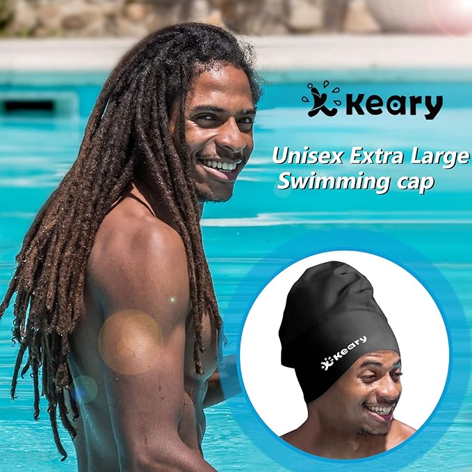 Keary Extra Large Swim Cap for Braids and Dreadlocks Extensions Weaves Long Hair, Waterproof Silicone Cover Ear Bath Pool Shower Swimming Cap for Adult Youth to Keep Hair Dry, Easy to Put On and Off-StrideForce Fitness