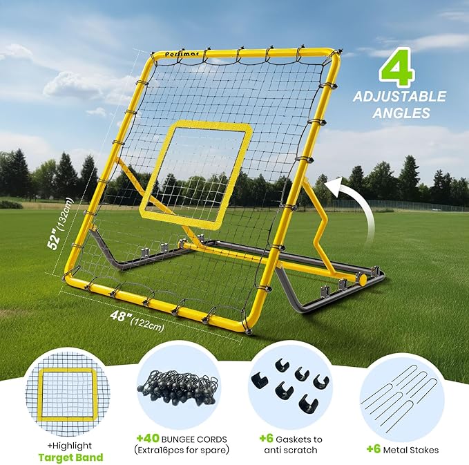 Baseball Rebounder Net,4x4.5FT Multi-Sport Pitch Back Rebounder Steel Frame with 4 Adjustable Angles, 40pcs Bungees Soccer, Volleyball&Lacrosse Trainer for Solo Fielding,Pitching and Reflex Training-StrideForce Fitness