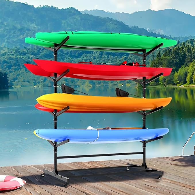 Kayak Storage Rack, Heavy Duty Kayak Stand Canoe Rack with Wheels, Freestanding Kayak Holder Stand for Kayaks, Canoes, Surfboard, Paddleboard Storage-StrideForce Fitness