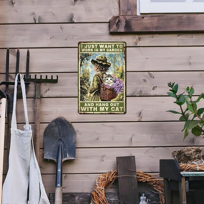 Garden Sign I Just Want To Work In My Garden and Hang Out With My Cat Vintage Metal Tin Sign Retro for Home Patio Backyard 12 * 8inch-StrideForce Fitness
