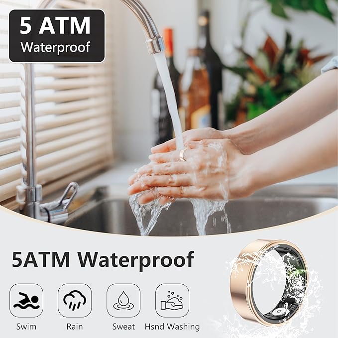 Thin Smart Ring for Fitness & Health Tracking -Pedometer,Sleep/Heart Rate/Blood Oxygen Monitor, Gesture Control / 5ATM Waterproof -No APP Subscription Compatible with Android& iOS (Rose Gold, 7)