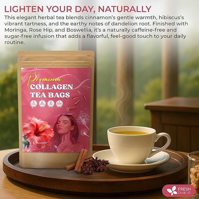 FreshDrinkUS, Premium Collagen Herbal Tea β 30 Tea Bags | Cinnamon Stick, Hibiscus, Dandelion Root, Moringa Leaves, Rose Hip, Ginger, Fennel Seed, Boswellia | Caffeine-Free, Natural Flavorful Blend