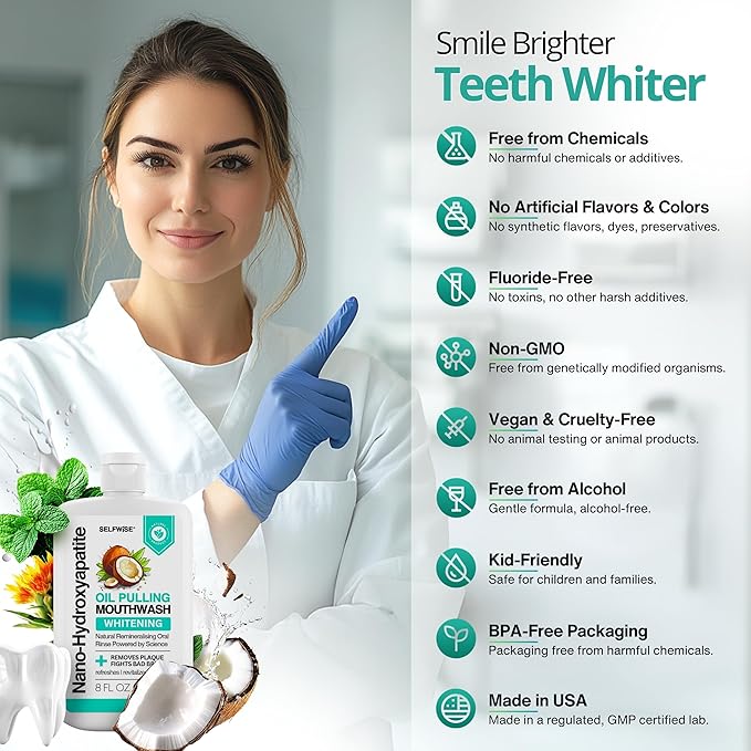 Nano-Hydroxyapatite Oil Pulling Whitening Mouthwash for Teeth and Gums, Natural & Organic, Whitens Teeth, Strengthens Enamel, Fights Bad Breath & Plaque – Smooth & Non-Greasy – for Adults & Kids