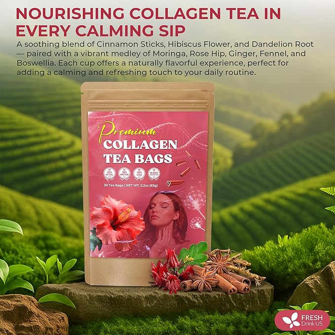 FreshDrinkUS, Premium Collagen Herbal Tea β 30 Tea Bags | Cinnamon Stick, Hibiscus, Dandelion Root, Moringa Leaves, Rose Hip, Ginger, Fennel Seed, Boswellia | Caffeine-Free, Natural Flavorful Blend