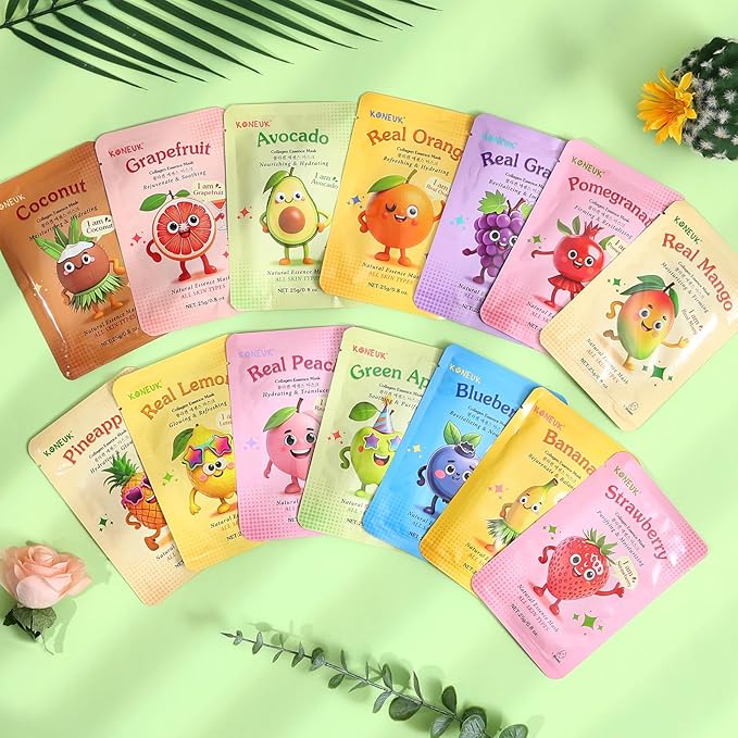 56 Pack Fruit Collagen Face Masks Skincare for Teens Girls, Sheet Face Mask Skin Care for Kids, Bulk Hydrating Facial Masks for Women, Face Mask Set for All Skin Types, Birthday Party Spa Gifts-StrideForce Fitness