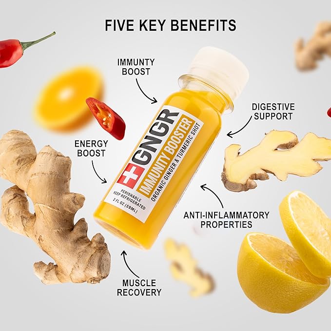 '+GNGR Immunity Sampler Organic Ginger Wellness Shots - Premium Ginger Shots for All Natural Digestive Support and Immune Support - Cold Pressed Ginger Juice - Nothing Artificial (2 Oz, Pack of 12)-StrideForce Fitness