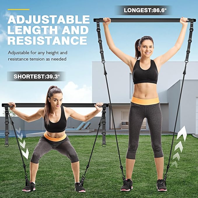 Pilates Bar Kit With Resistance Bands, Workout Equipment for Legs, Hip, Waist, Arm, Squats Exercise Equipment for Home Workouts, Adjustable 3-Section Bar Kit for Women & Men