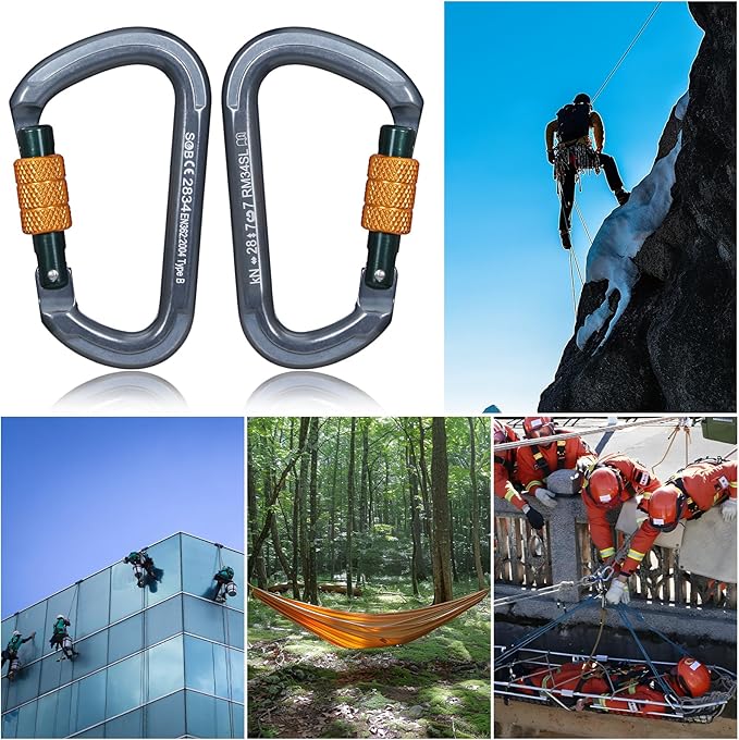 Auto Locking Rock Climbing Carabiner Clips, Heavy Duty Asymmetrical Carabiner Connector Used for Rappelling Rescue Outdoor Climbing, Mountaineer, Hammock, Camping-StrideForce Fitness