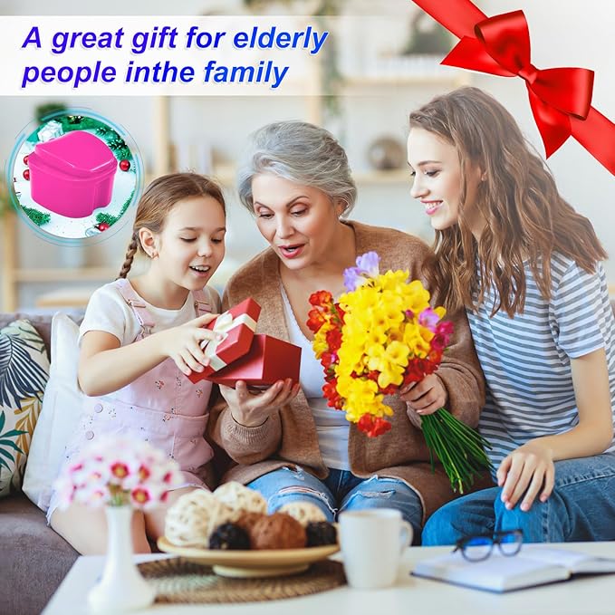 Denture Cup Retainer Cleaning Case False Teeth Soaking Container with 2 Brushes, Dental Retainer Cup Holder Case Denture Soaking Storage Box Case - White & Rose Red