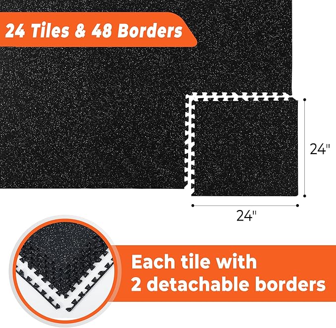 SUPERJARE 0.4'' Thick 24 Pcs 96 Sq Ft Rubber Top Exercise Equipment Mats, High Density EVA Foam Mats with Rubber Top, Interlocking Gym Flooring for Home Gym, Protective Workout Mat, Black/Grey-StrideForce Fitness