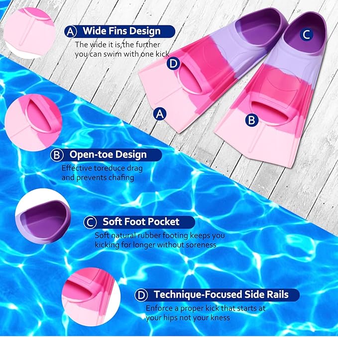 Kids Swim Fins,Short Kids Fins Youth Swimming Flippers for Lap Swimming Training for Children Girls Boys Beginners-StrideForce Fitness
